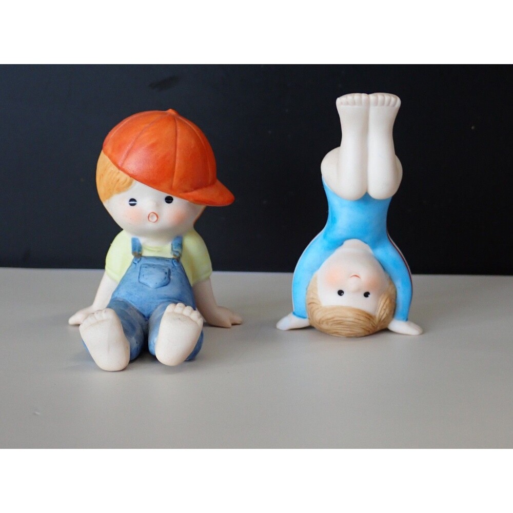 ENESCO Boy & Girl Playing Porcelain Figurine Bisque Set of 2 Vintage 1981 & 1983